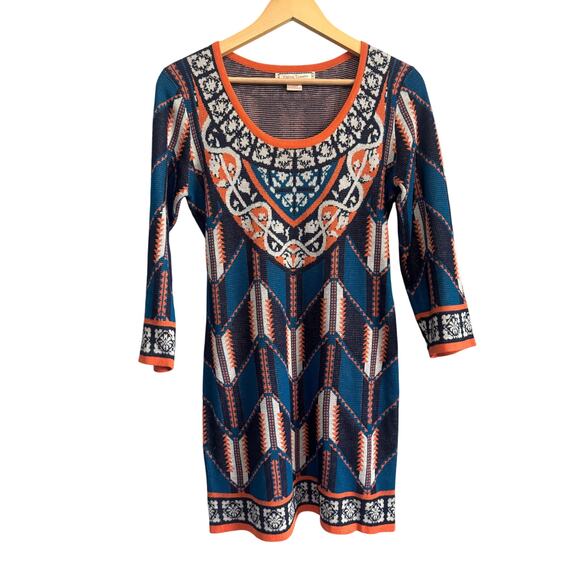 Flying Tomato Geometric Boho Knit Dress Blue Orange Size Medium - Picture 1 of 5